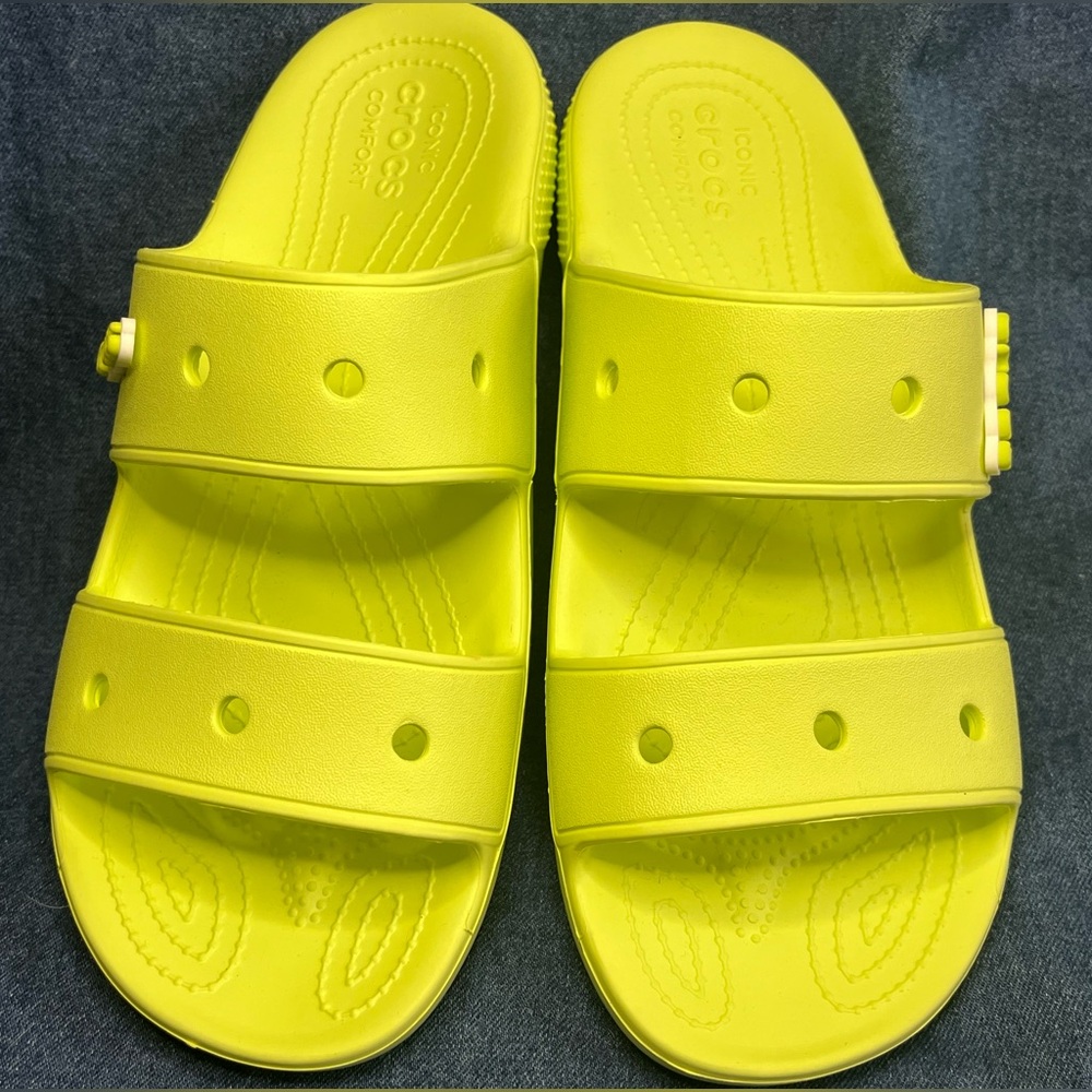 CROCS Neon Yellow Green Slide Sandals sz men’s 11 women’s 12 NWOT